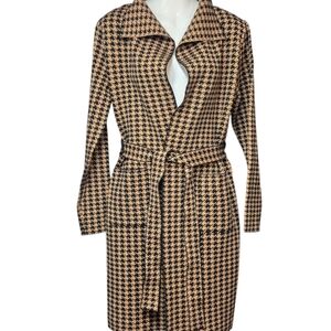 Tahari Black Tan Houndstooth Long Sweater Cardigan Belted  Women's Size S New